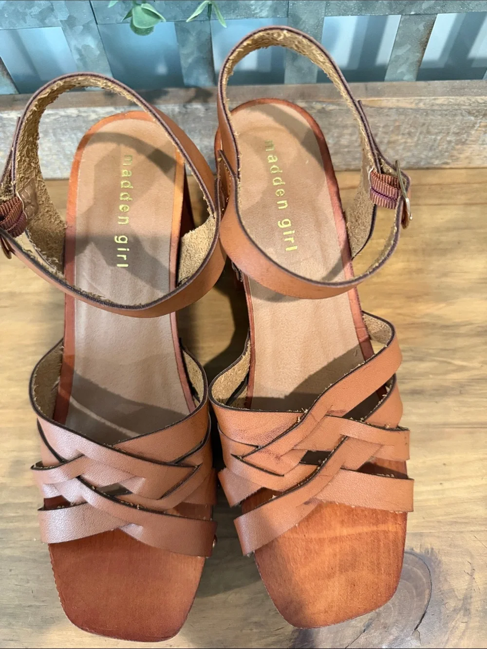 Madden Girl Cognac Brown Strappy Leather Platform Wedges
